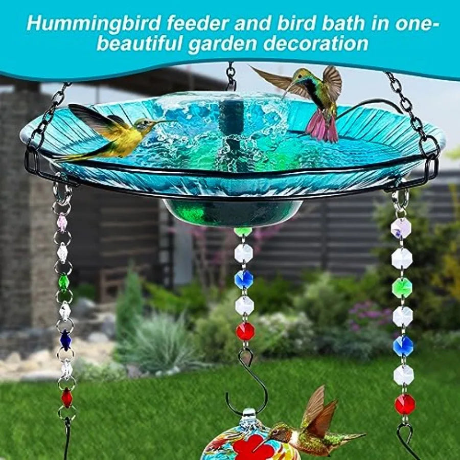 Hummingbird Feeder and Bird Bath for Outdoors 2-in-1 for Small Birds - Hummingbird Bath Fountain with 3 Feeder Pots - Hanging S
