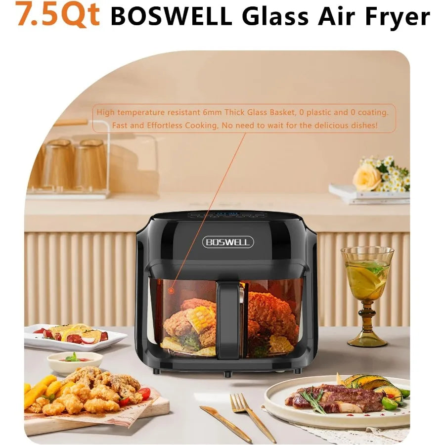 Glass Air Fryer 7.5QT with Transparent Fry Bowl for Easy Monitoring Advanced Circulating Heating Technology for Even Cooking Pr