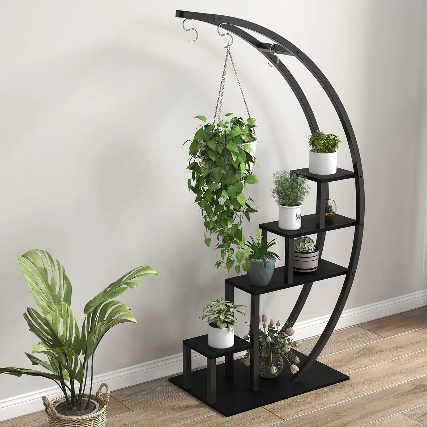 Modern wooden plant stand indoor with decorative plants