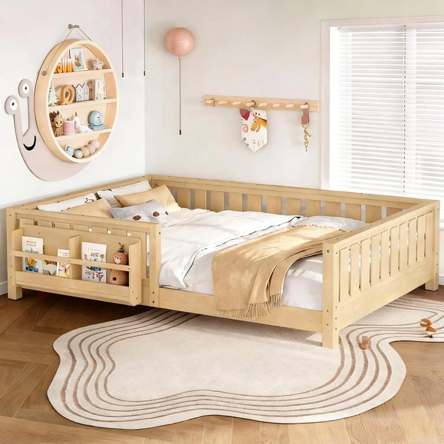 Queen Size Montessori Kids Bed Frame with Stairs Bookshelf Drawers Storage Low-Profile Wood for Boys Girls Room, Customized