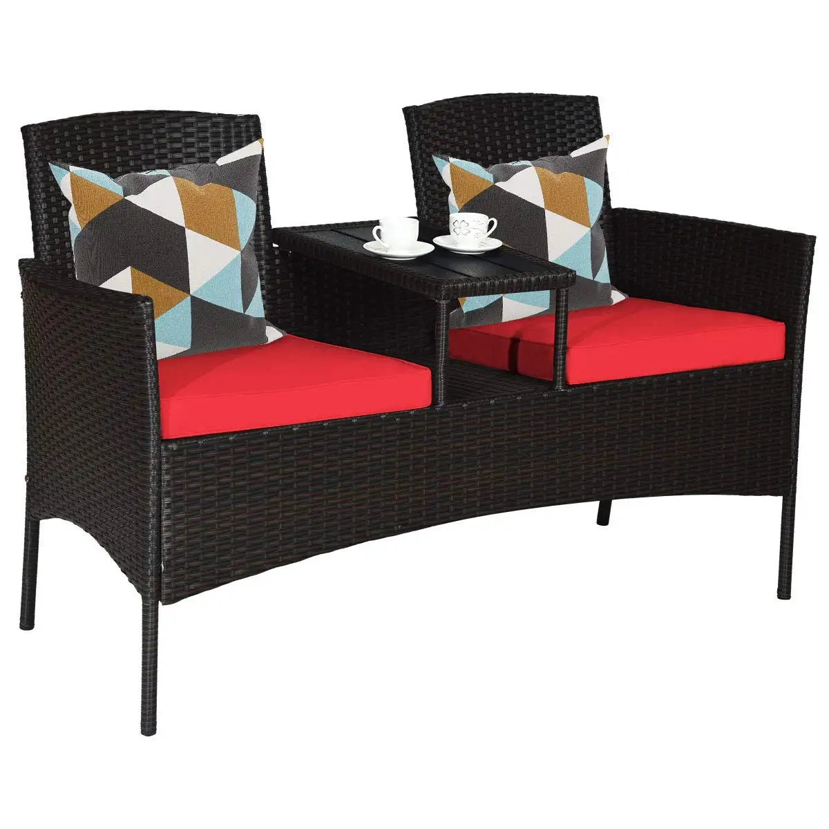 Outdoor Rattan Loveseat Modern Patio Conversation Set With Cushions Table