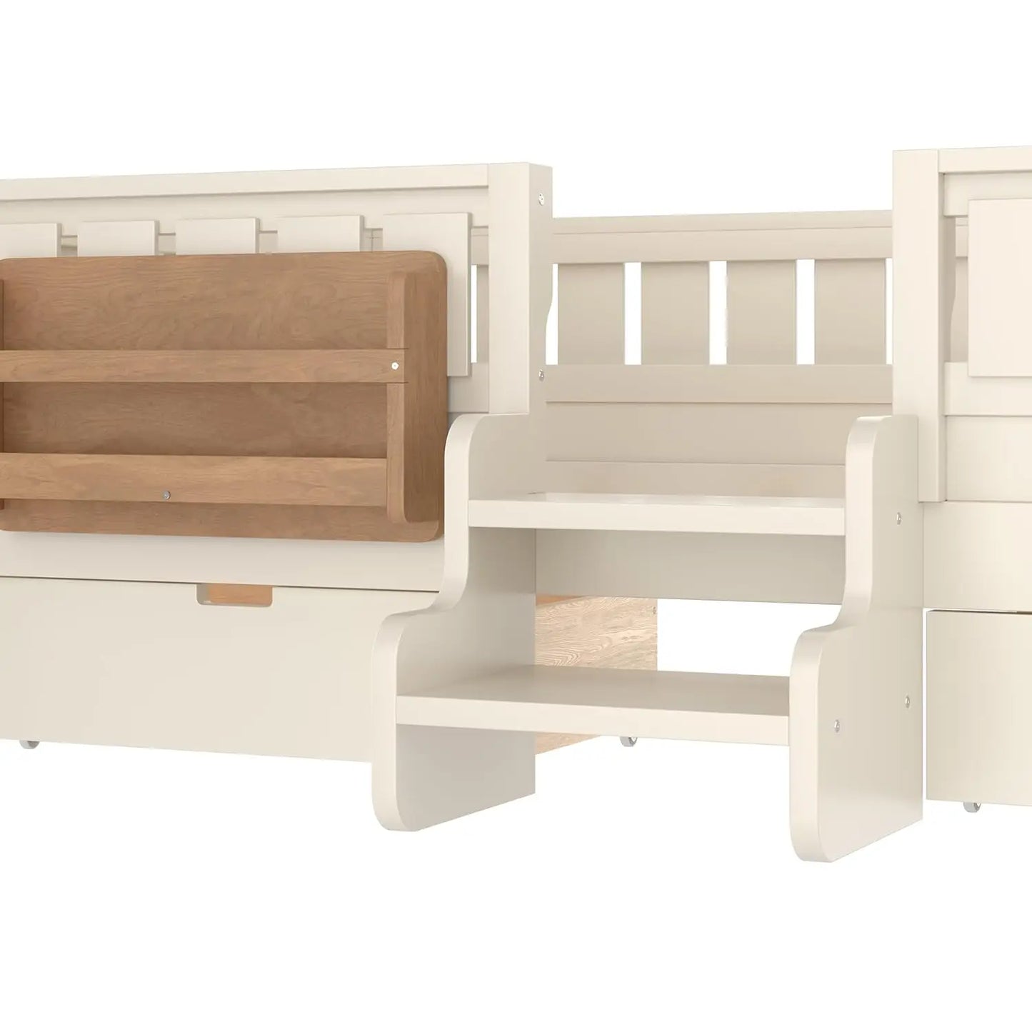 Twin Kids Bed with High Rails Built-in Bookshelf Drawers Wood Montessori Bed for Girls Boys Beige, Customized
