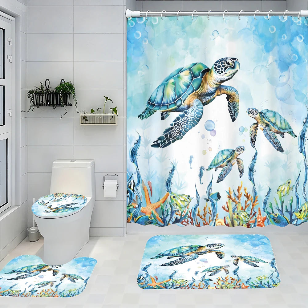 Turtle Bathroom Four Piece Set Waterproof Shower Curtain Kit