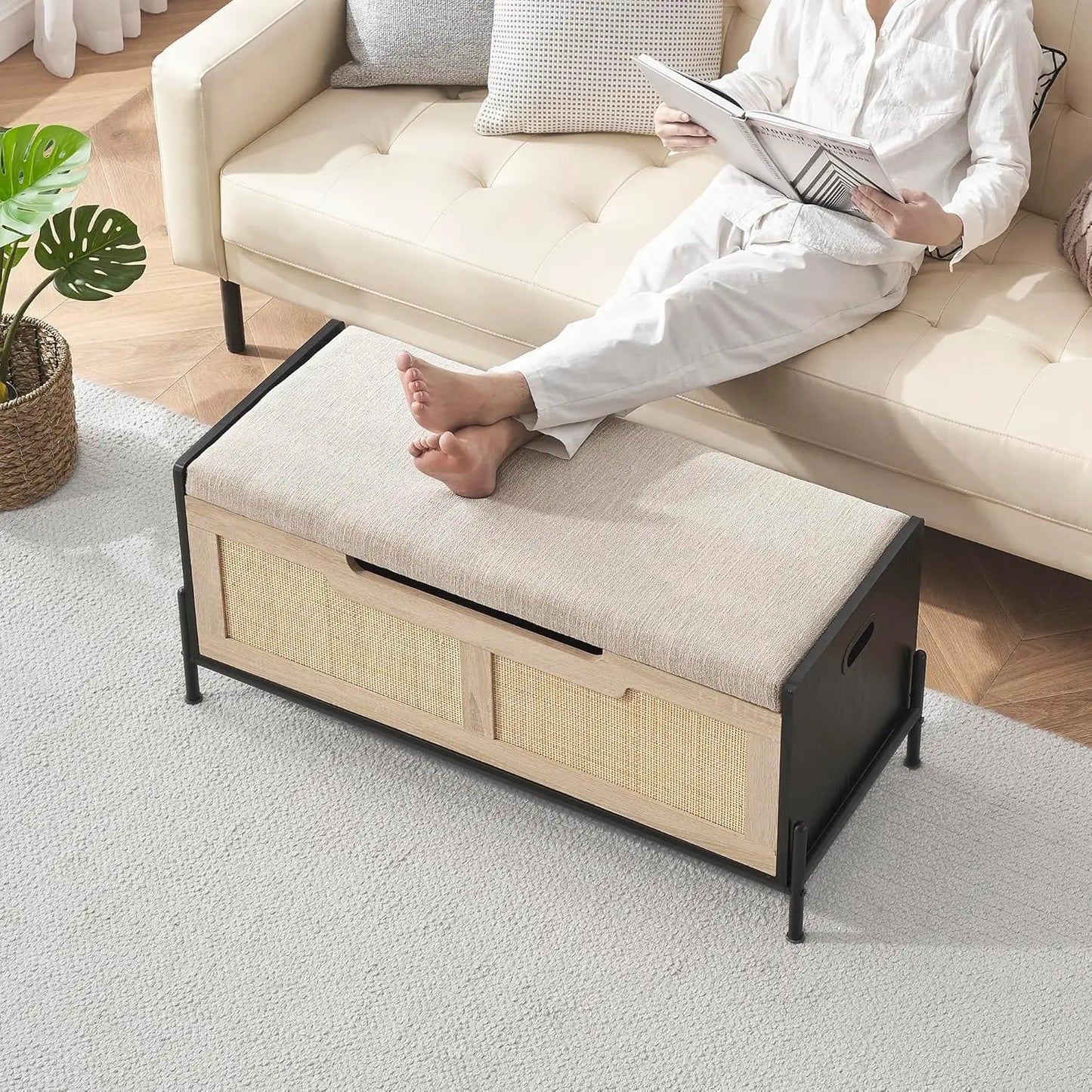 Rattan Storage Bench with Cushion 39.4 Inch Entryway Bench with Storage for Bedroom Living Room Shoe Storage Bench Chest