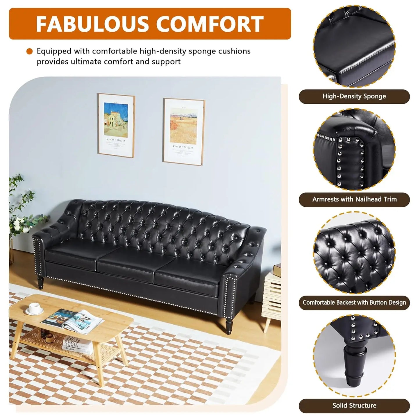 HUANZHUANG Mid Century Modern Leather Sofa Chesterfield Sleeper