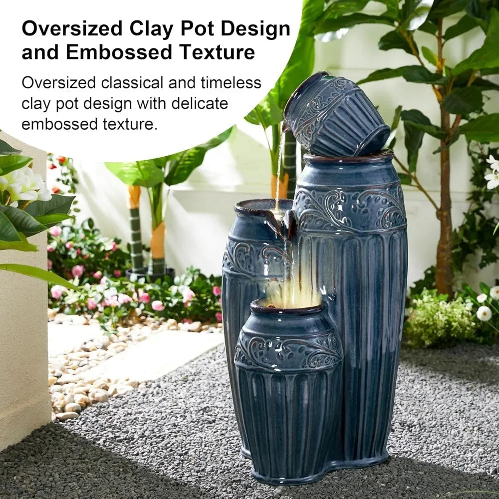 35.5 "H large outdoor fountain with LED lights and water pump, 4-storey relief ceramic fountain, porch terrace vertical fountain