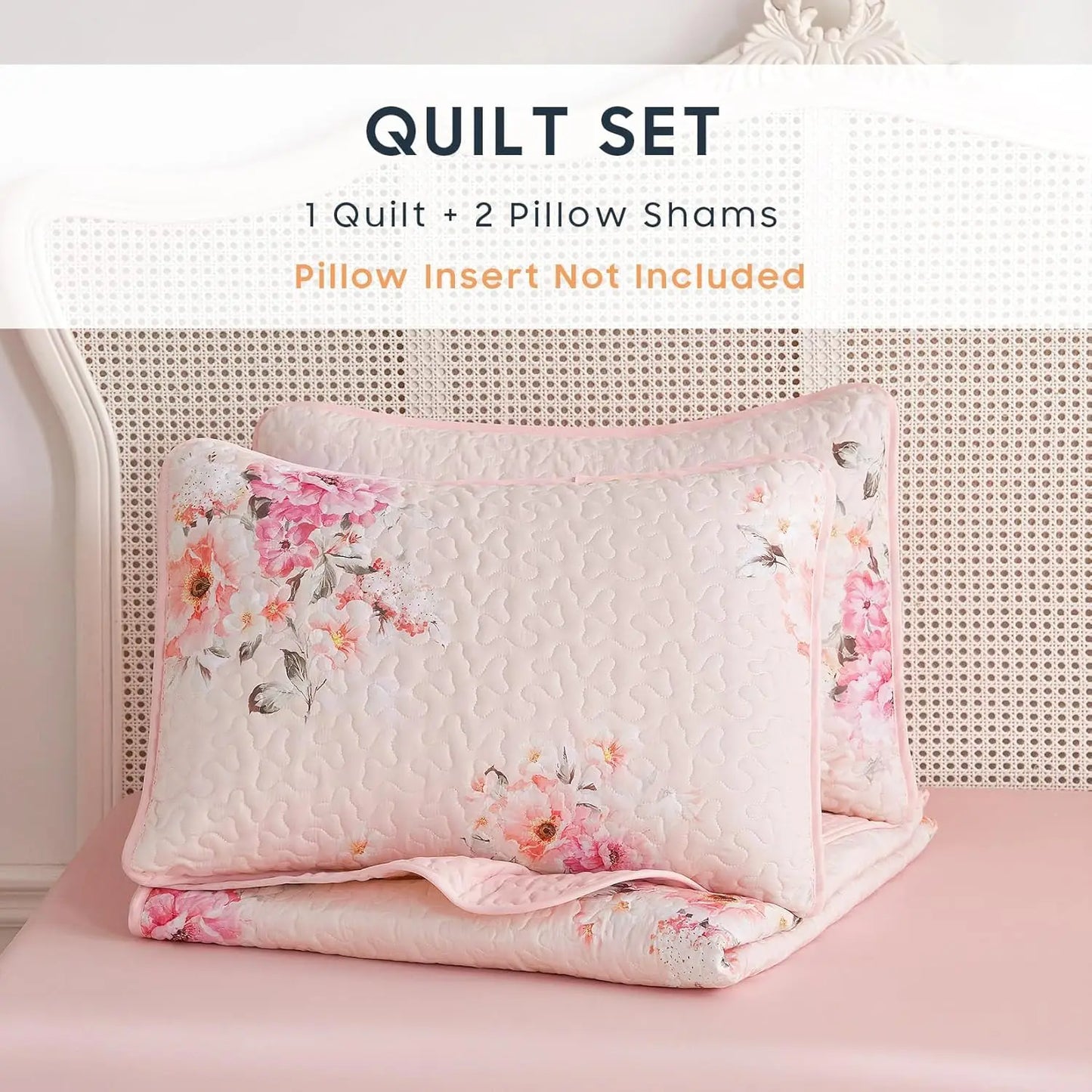 Floral Shabby Chic Quilt Set 3 Pieces Light Pink Reversible Bedspread Coverlet for Queen Full Bed