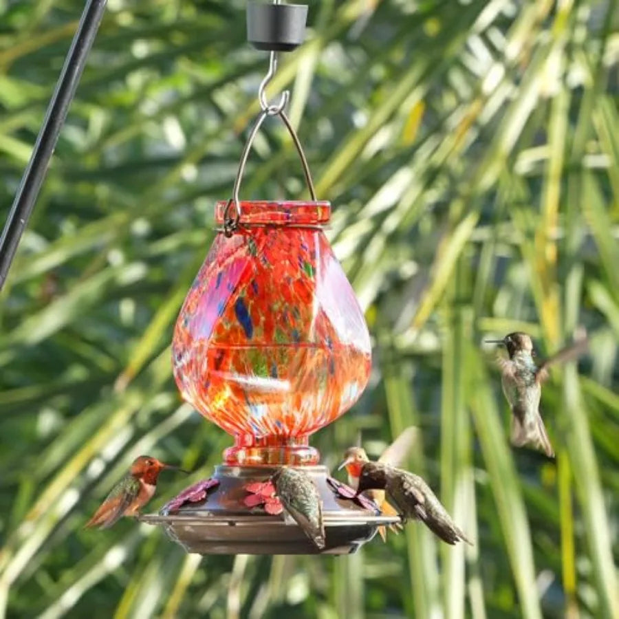 Hummingbird Feeder, Hand Blown Glass Hummingbird Feeders for Outdoors Hanging with Ant Moat, 5 Bee-Proof Ports, Leak-Proof, 360