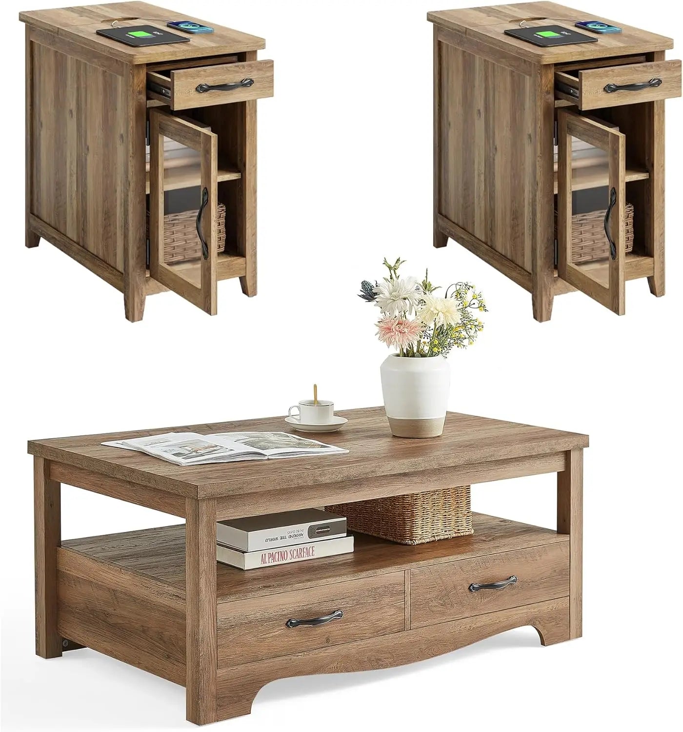 Farmhouse 3 Piece Coffee Table Set With Two End Tables