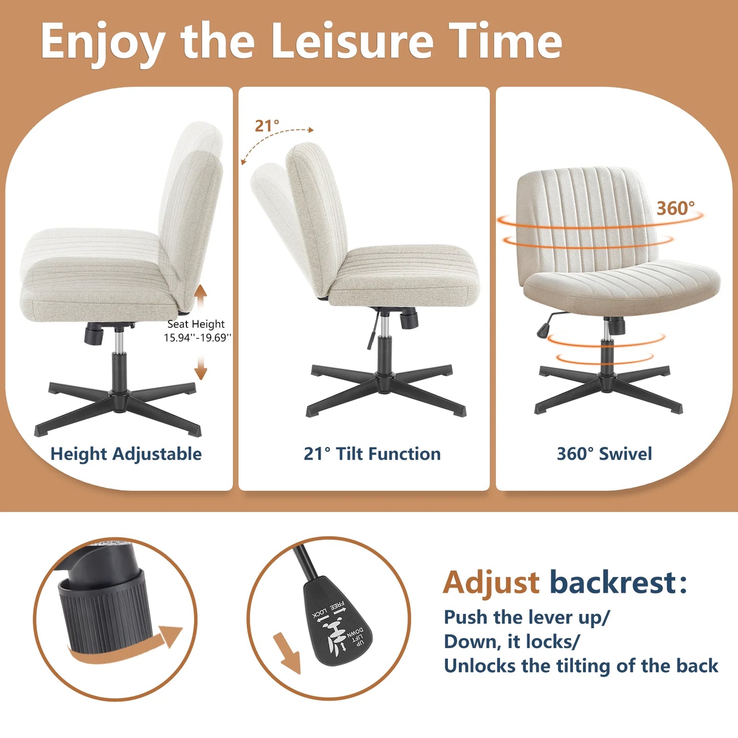 JHK Cross Legged Office Rocking Chair Armless Desk Swivel Fabric