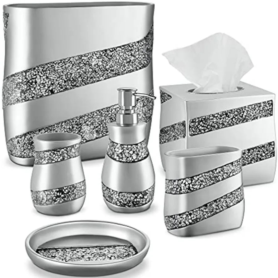 Silver Mosaic Bathroom Accessories Set 6 Piece Complete Set with Trash Can Tissue Cover Soap Dispenser Toothbrush Holder Tumble