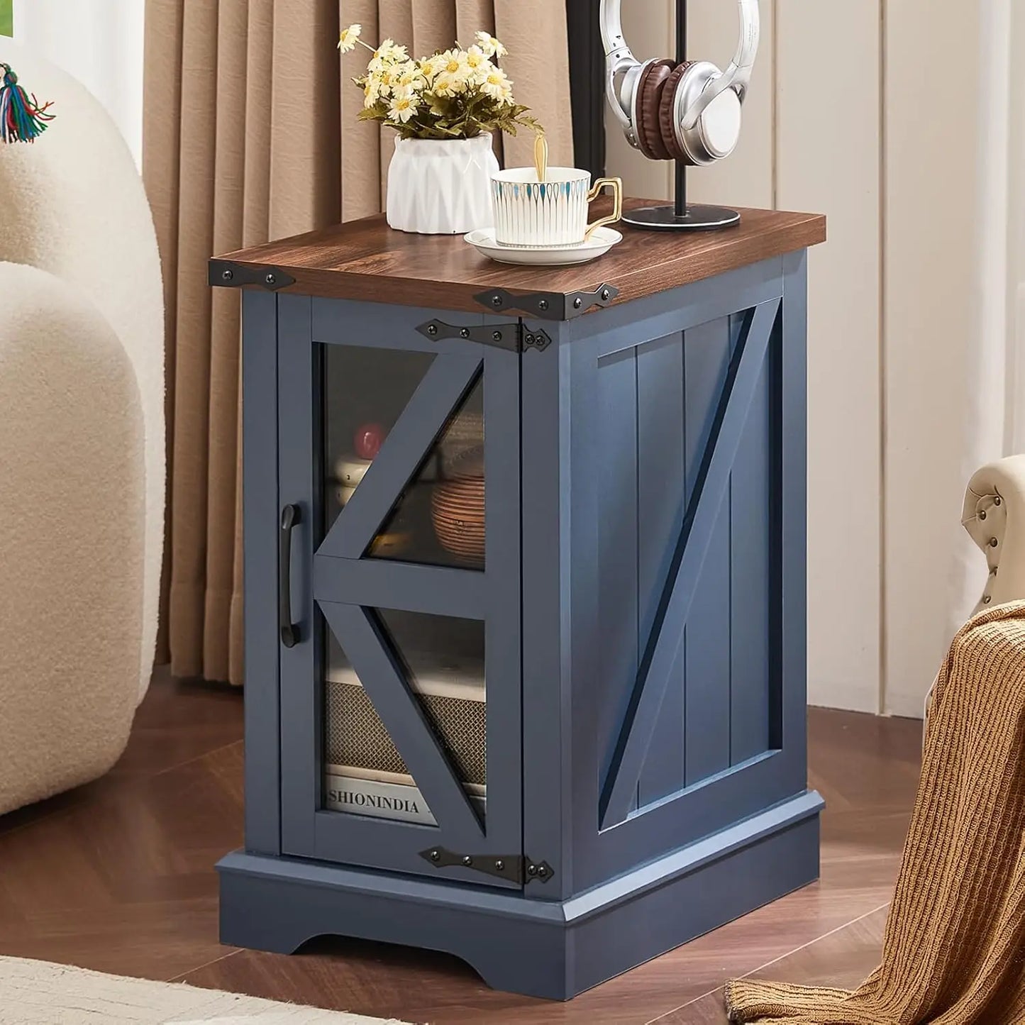 Farmhouse Coffee Table Sets 3 Pieces, Narrow Night Stand with Glass Barn Door Storage, Wood Furniture Sets for Living Room, Blue