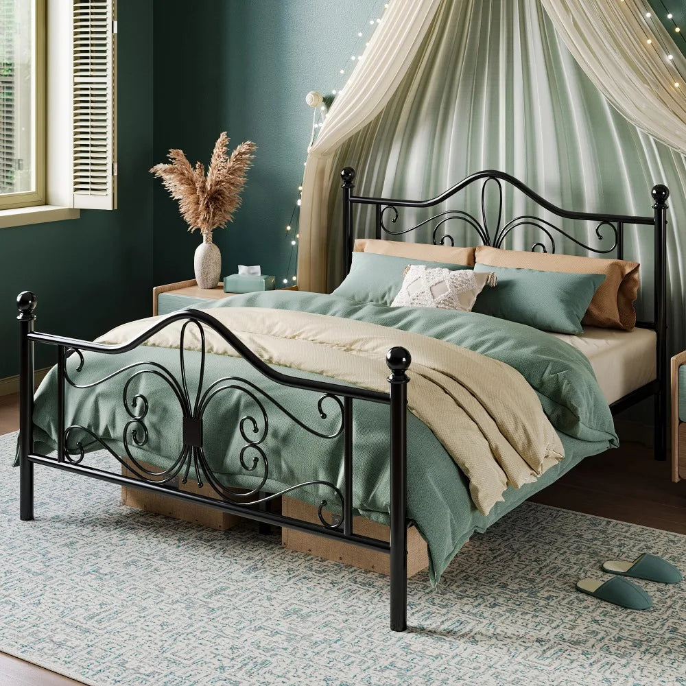 Kids Platform Bed Frame Metal With Butterfly Pattern Headboard Footboard