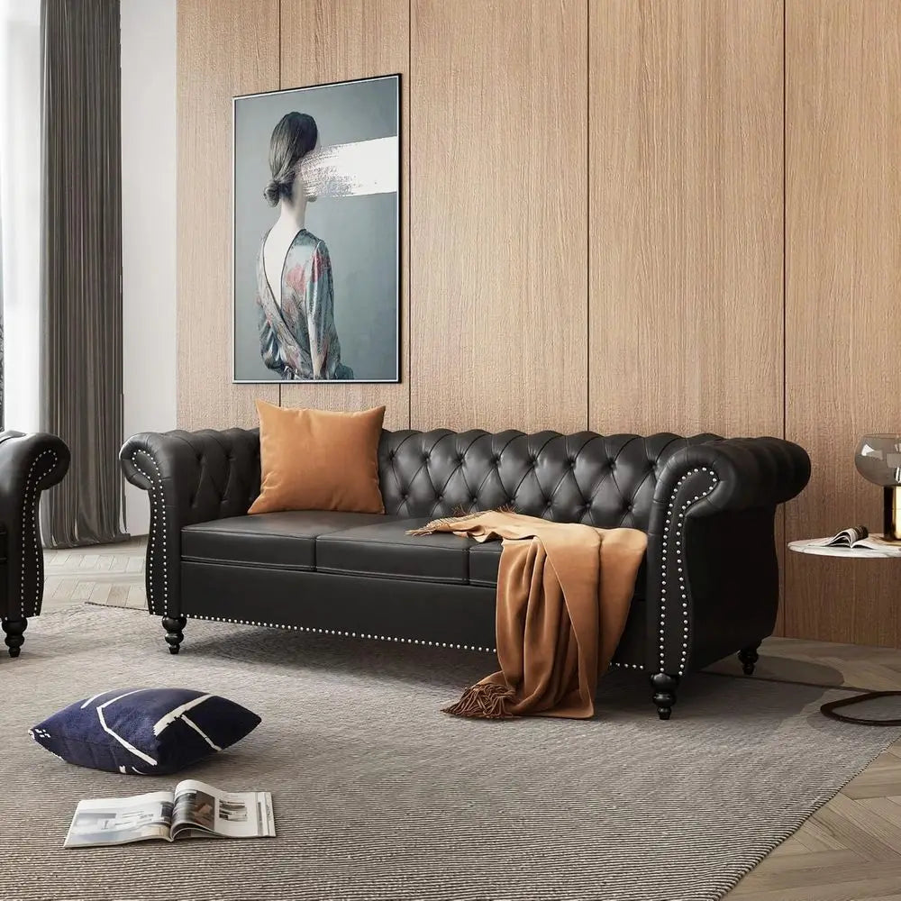 Chesterfield Leather Sofa and Loveseat with Scroll Arm