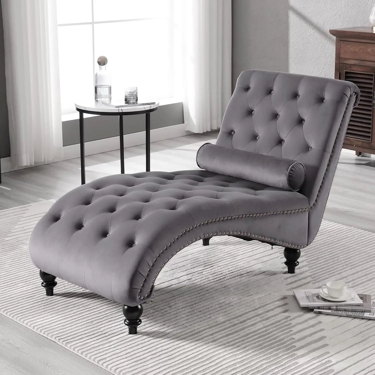 Velvet Chaise Lounge Upholstered Chair With Pillow For Living Room
