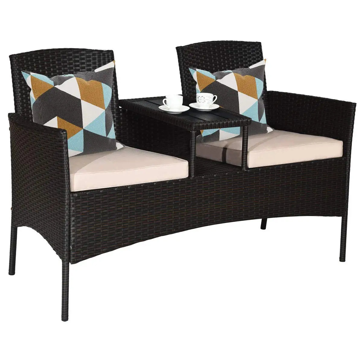 Outdoor Rattan Loveseat Modern Patio Conversation Set With Cushions Table