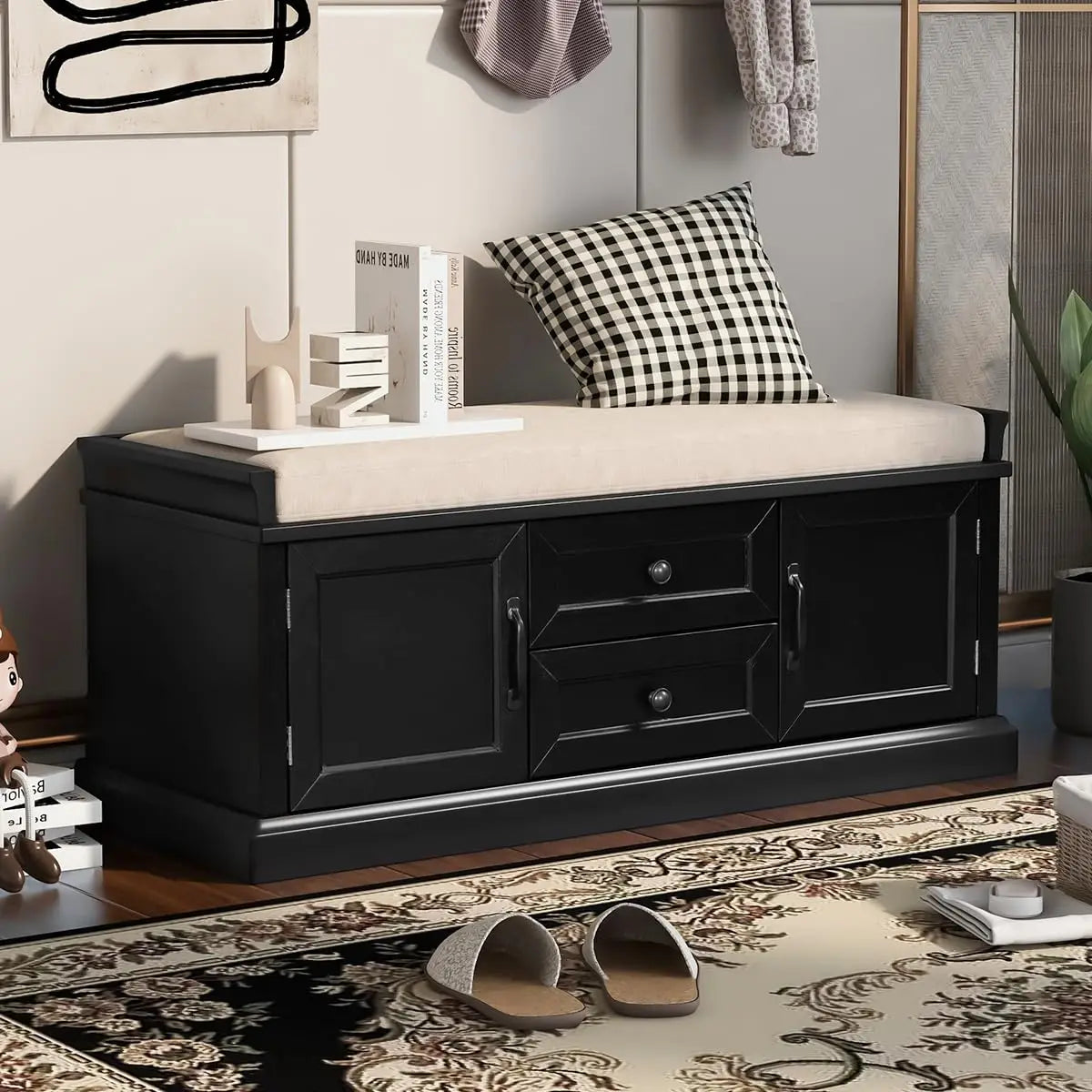 Storage Bench Removable Cushion Shoe Cabinet Doors Drawers Padded Seat Hallway Entryway Espresso, Customized