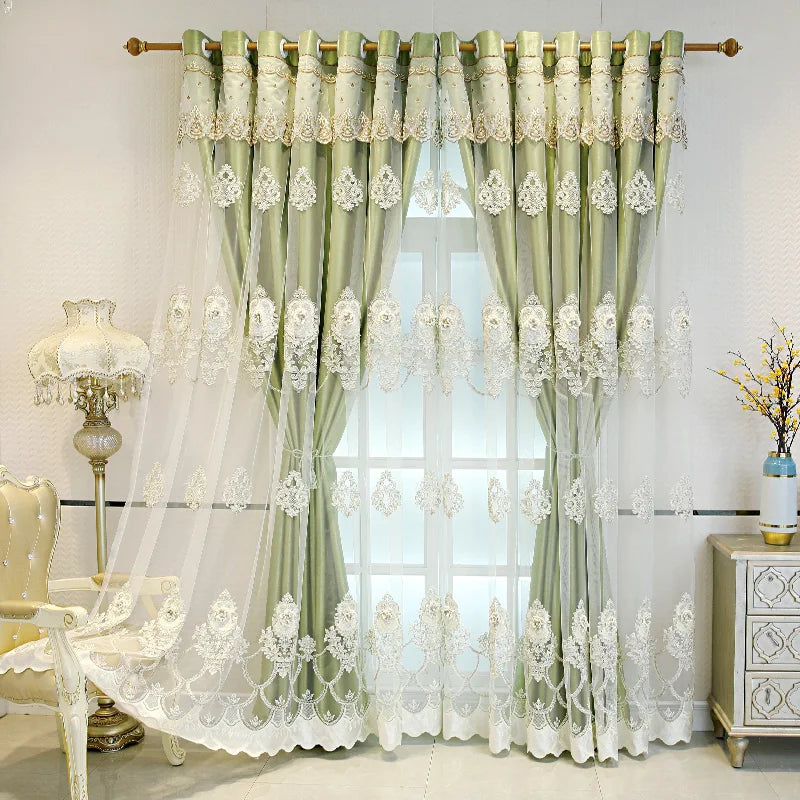 NONECN Elegant Double Layer Embossed 3D Embroidered Blackout Curtains Bedroom