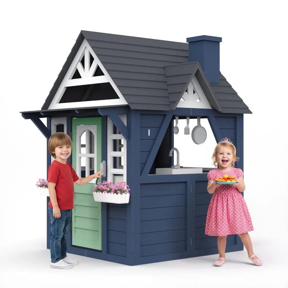 Playhouse Outdoor,Wooden Play House Playset, Large, Sturdy, Realistic Design with Kitchen, Doorbell, Customized