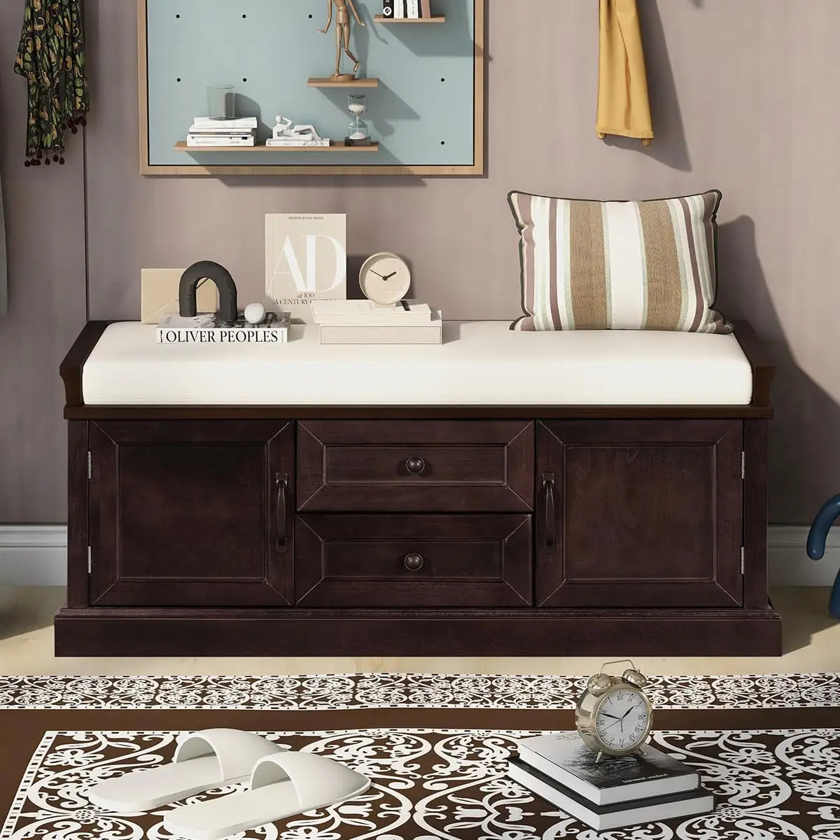 Storage Bench Removable Cushion Shoe Cabinet Doors Drawers Padded Seat Hallway Entryway Espresso, Customized