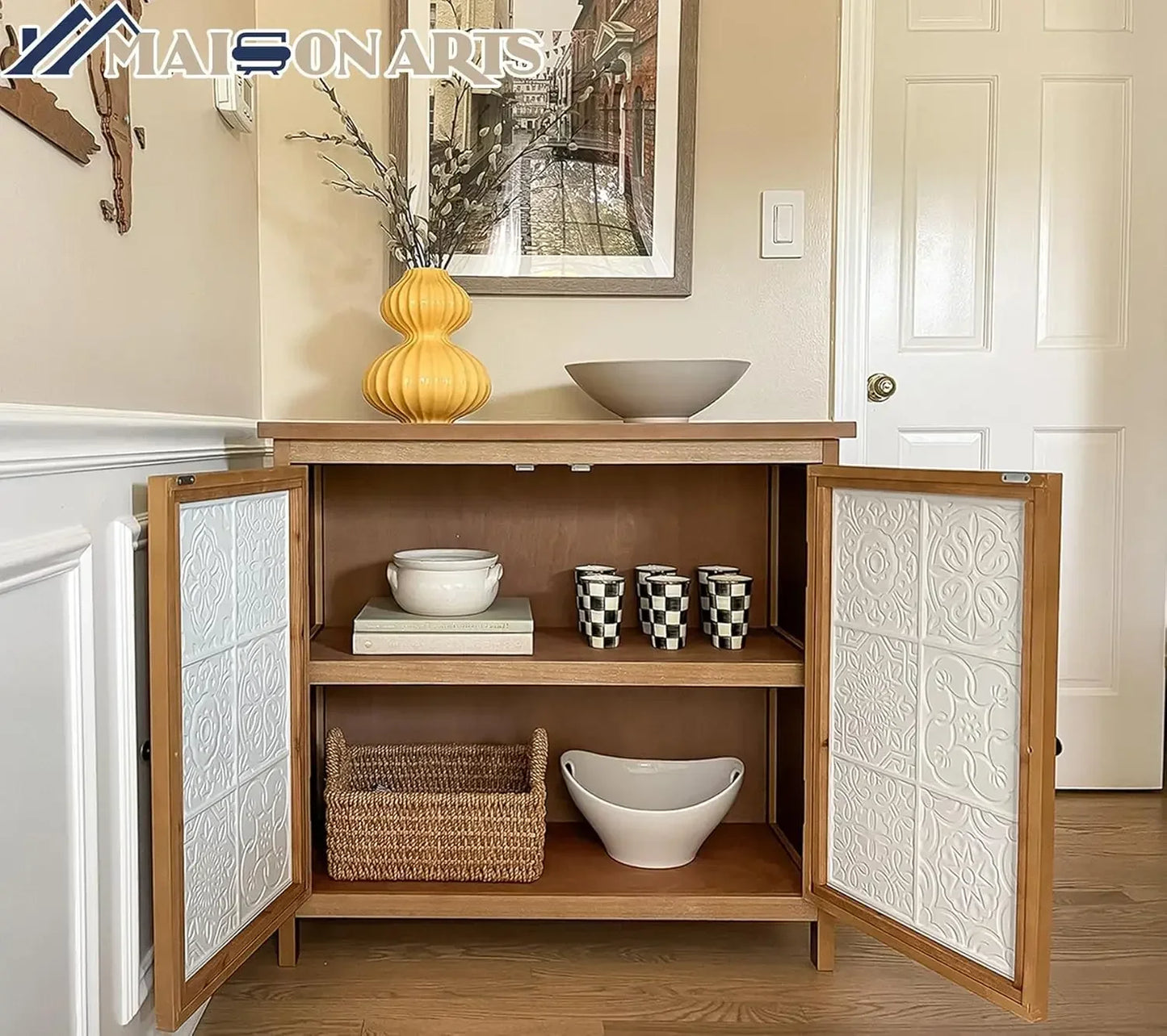 Farmhouse Boho Accent Cabinet With Solid Wood Frame