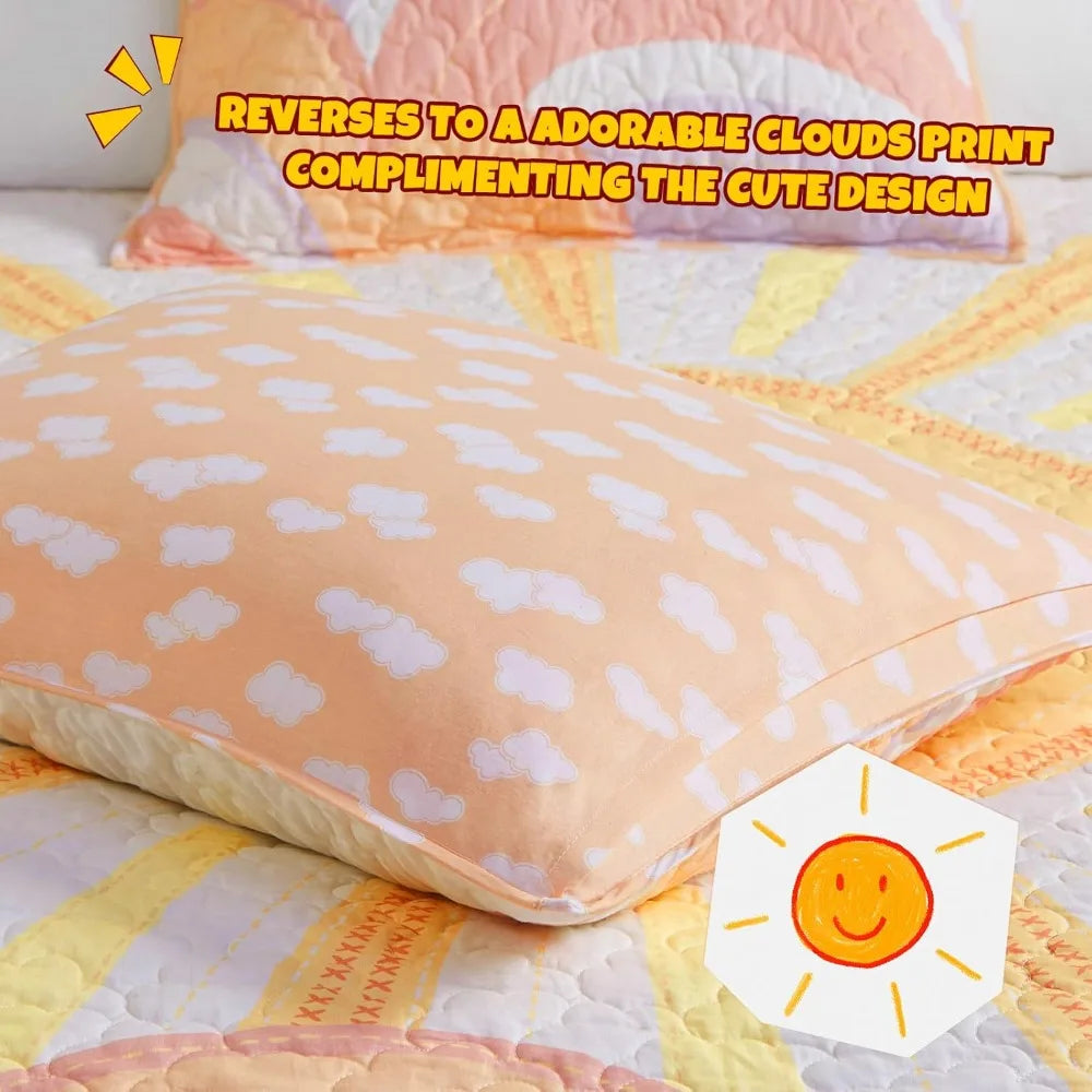 Kids Queen Bedding Set Cotton Sun Full Size Quilt Sets for Girls Rainbow & Clouds Reversible Queen Coverlet D