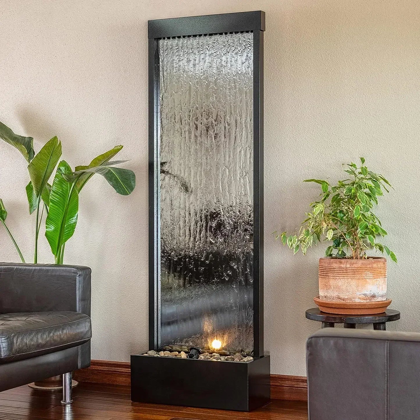 Mirror Waterfall Fountain With Stones And Lights For Home Office