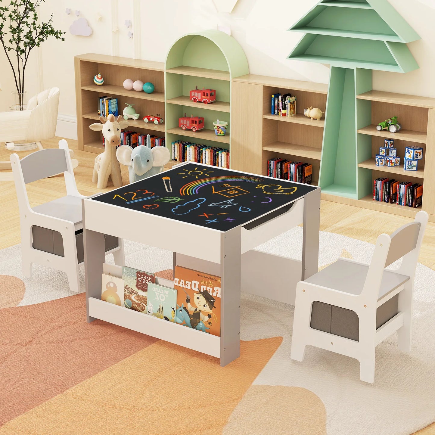 HOMASIS 4-In-1 Kids Table And Chair Set With Side Bookshelves
