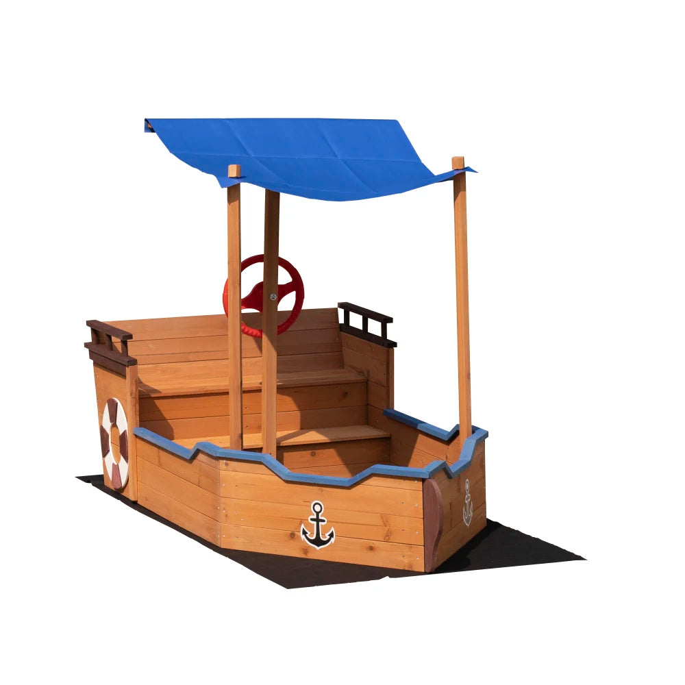 Outsunny Pirate Ship Sandbox With Cover Rudder Wooden Storage Bench