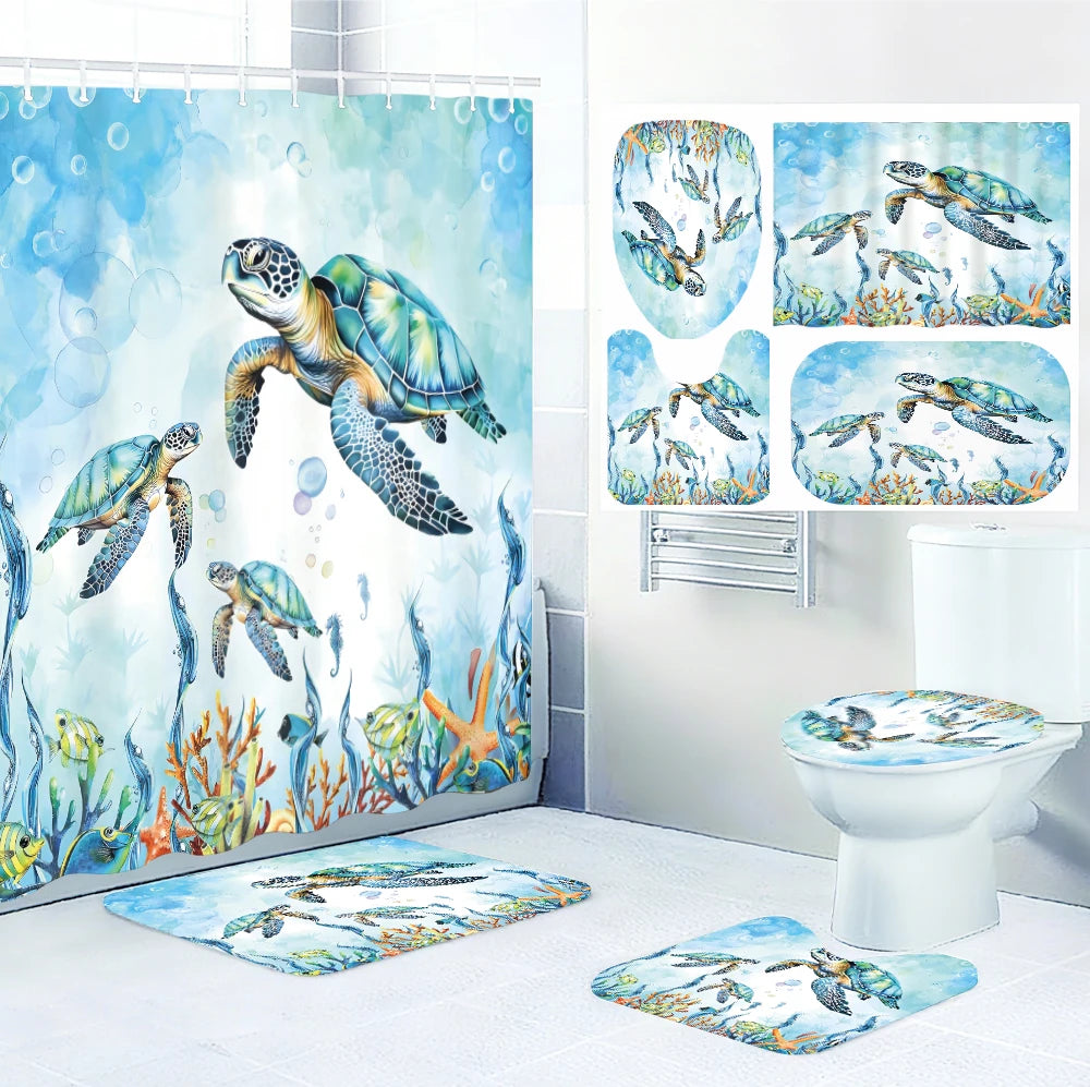 Turtle Bathroom Four Piece Set Waterproof Shower Curtain Kit