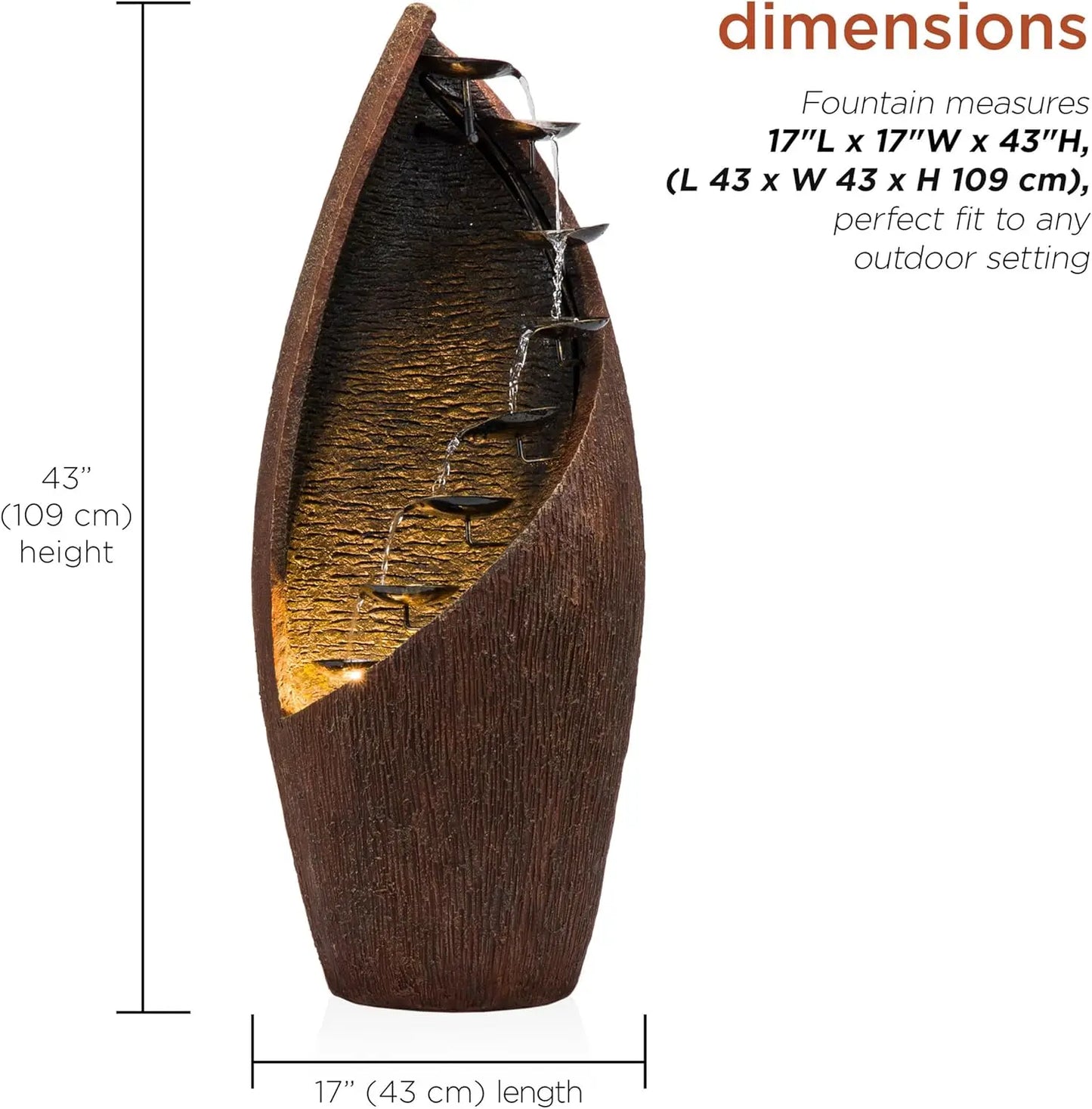 43" Tall Outdoor Floor Contemporary Tiered Bronze Metal Water Fountain with LED Lights, Stylish Outdoor Water Feature for Garden