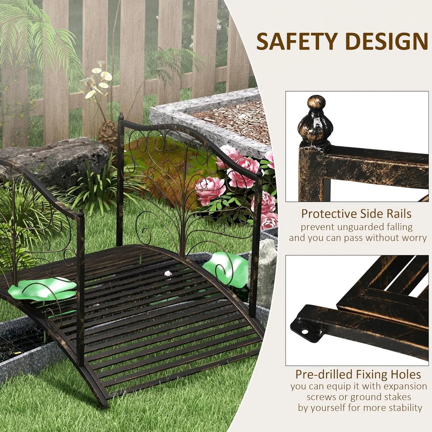 XMSJ Metal Arch Garden Bridge With Safety Siderails Easy Assembly
