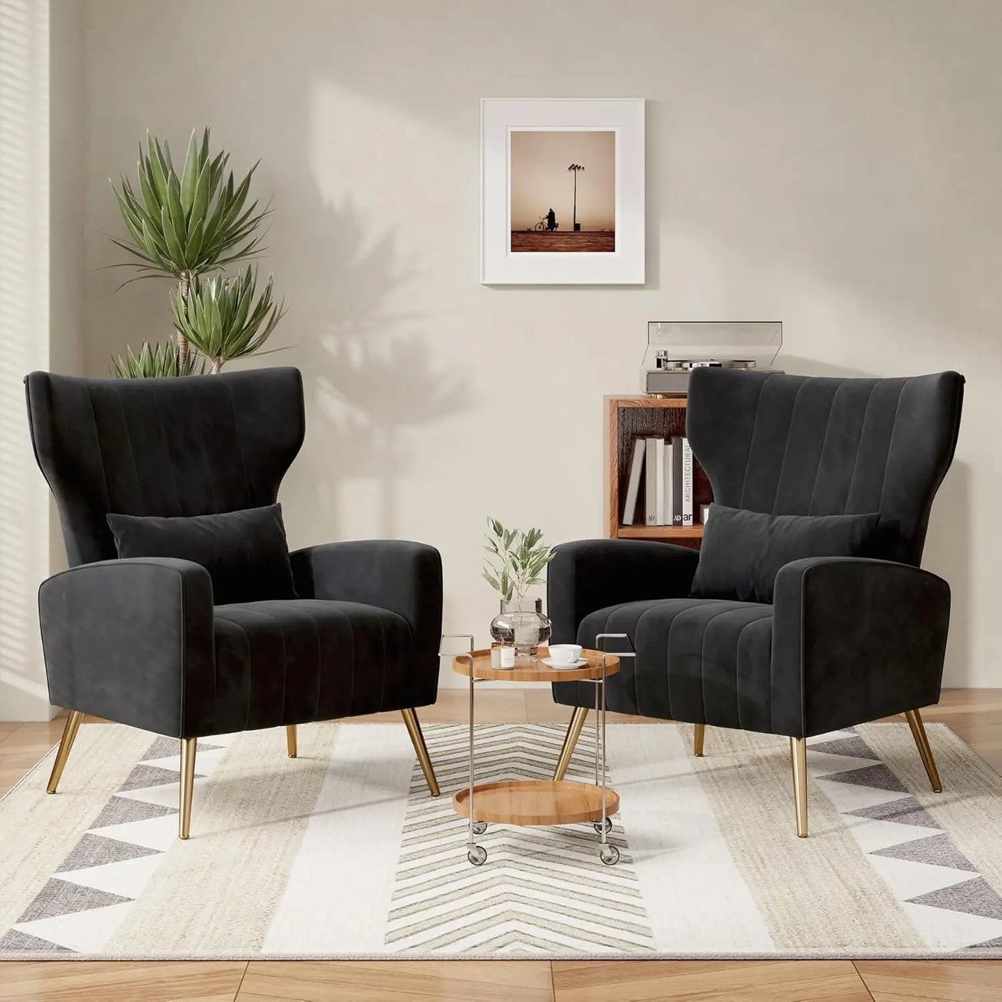 Black Velvet Accent Chair Set of 2, Wingback Chair for Living Room, High Back Arm Chair with Golden Legs Lumbar Pillow, Upholste