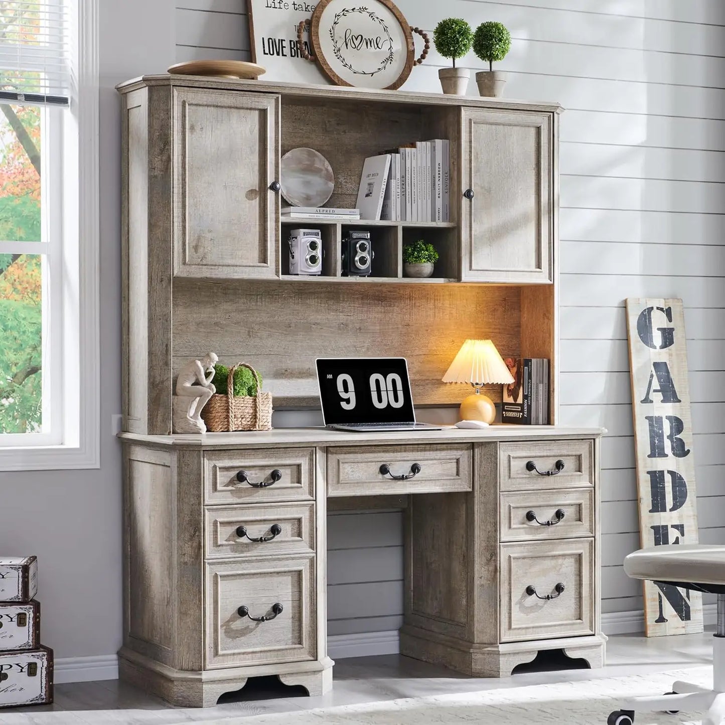 Farmhouse Executive Desk with Hutch,Wood Home Office Computer Desk, Featuring Keyboard Tray,Customized