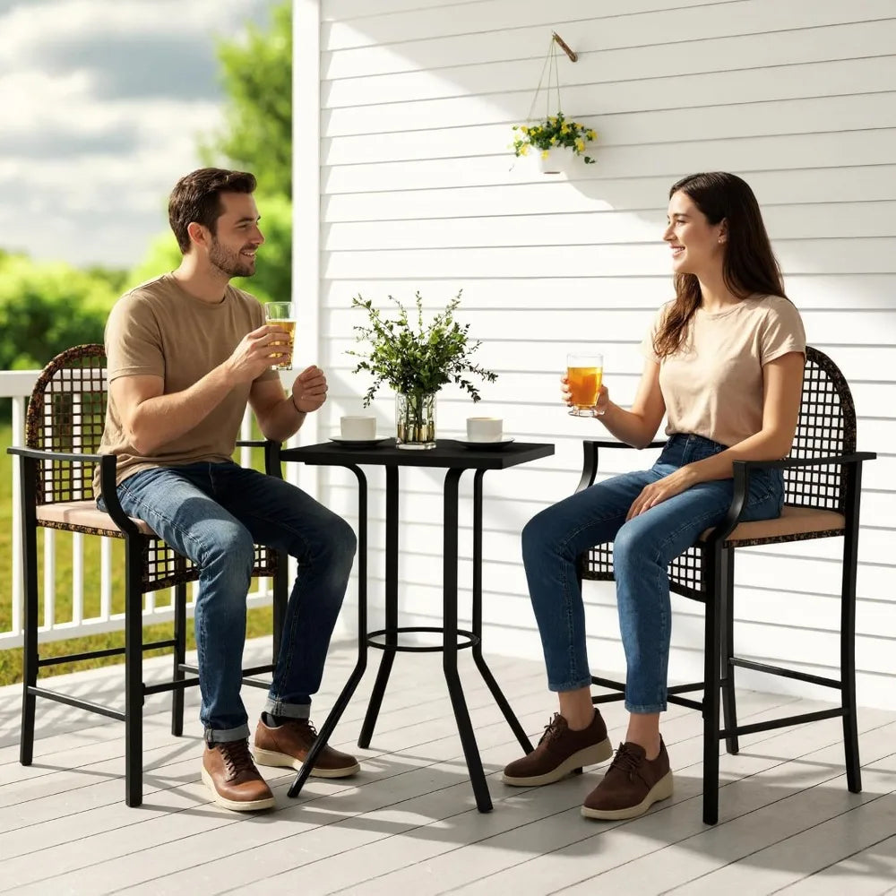 Outdoor Patio Bar Set with Cushions, Wicker Counter Height Stools and High Table, Khaki