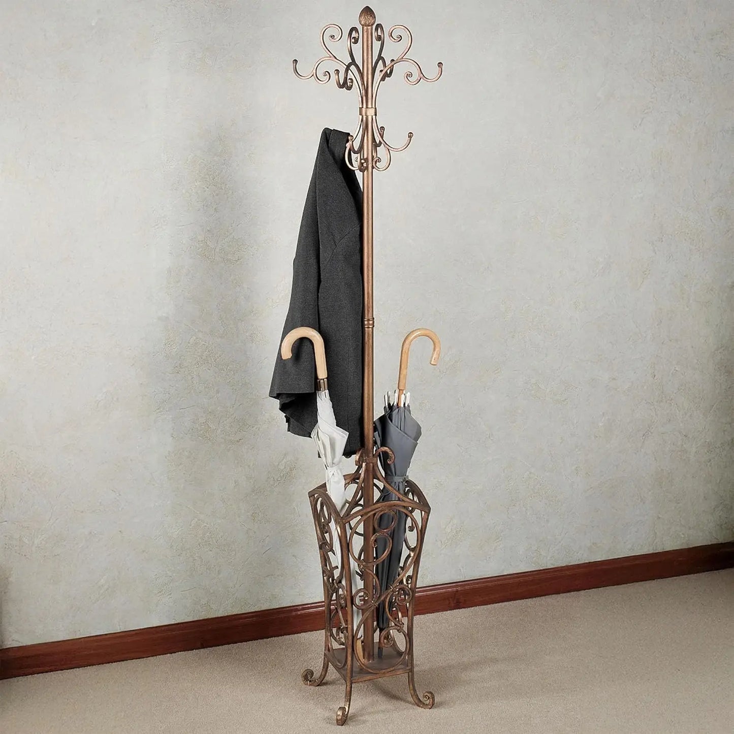 Antique Gold Metal Coat & Hat Rack Stand with Scroll Design for Entryway Hallway 72"H, Custom