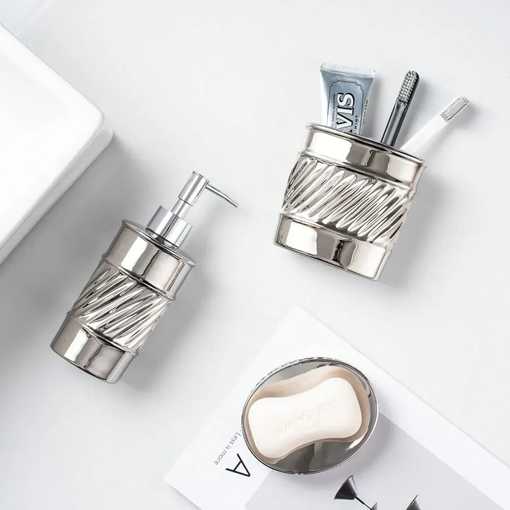 3Piece Ceramic Bathroom Accessories Set Soap Dispenser, Toothbrush Holder Soap Dish With Modern Wave Embossed Design For Bathro