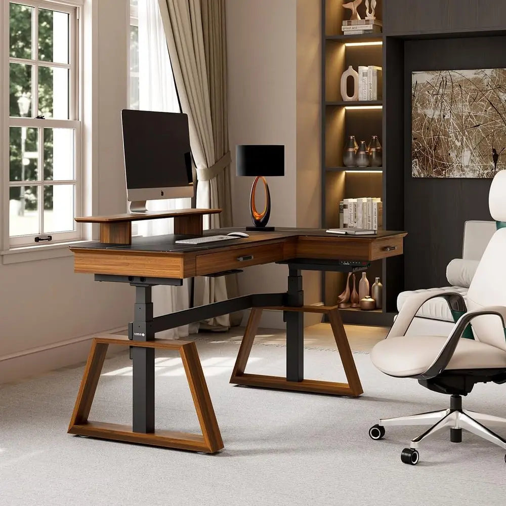 Electric Standing Desk with Dual Drawers,63 Inche Executive Desk,Height Adjustable L-Shaped Office Desk, Computer Workstations w