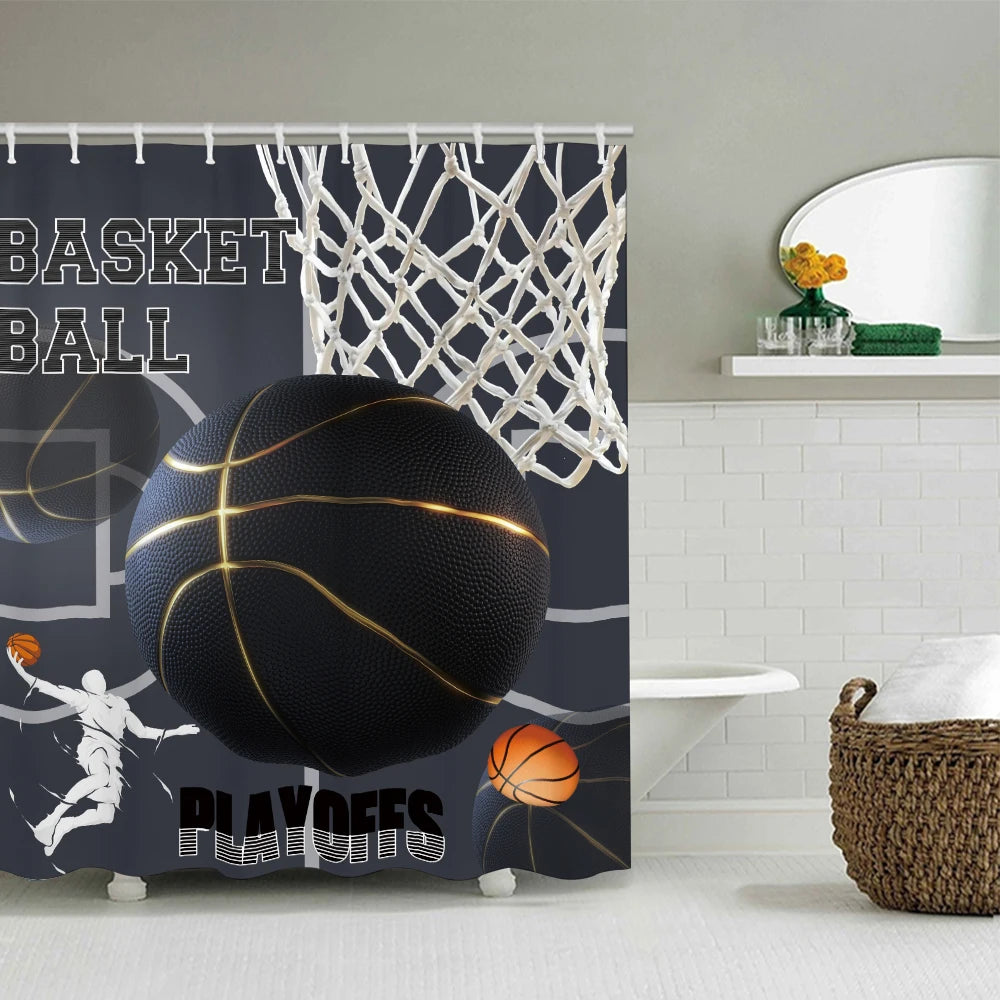 Basketball Themed Four-Piece Bath Set With Waterproof Shower Curtain