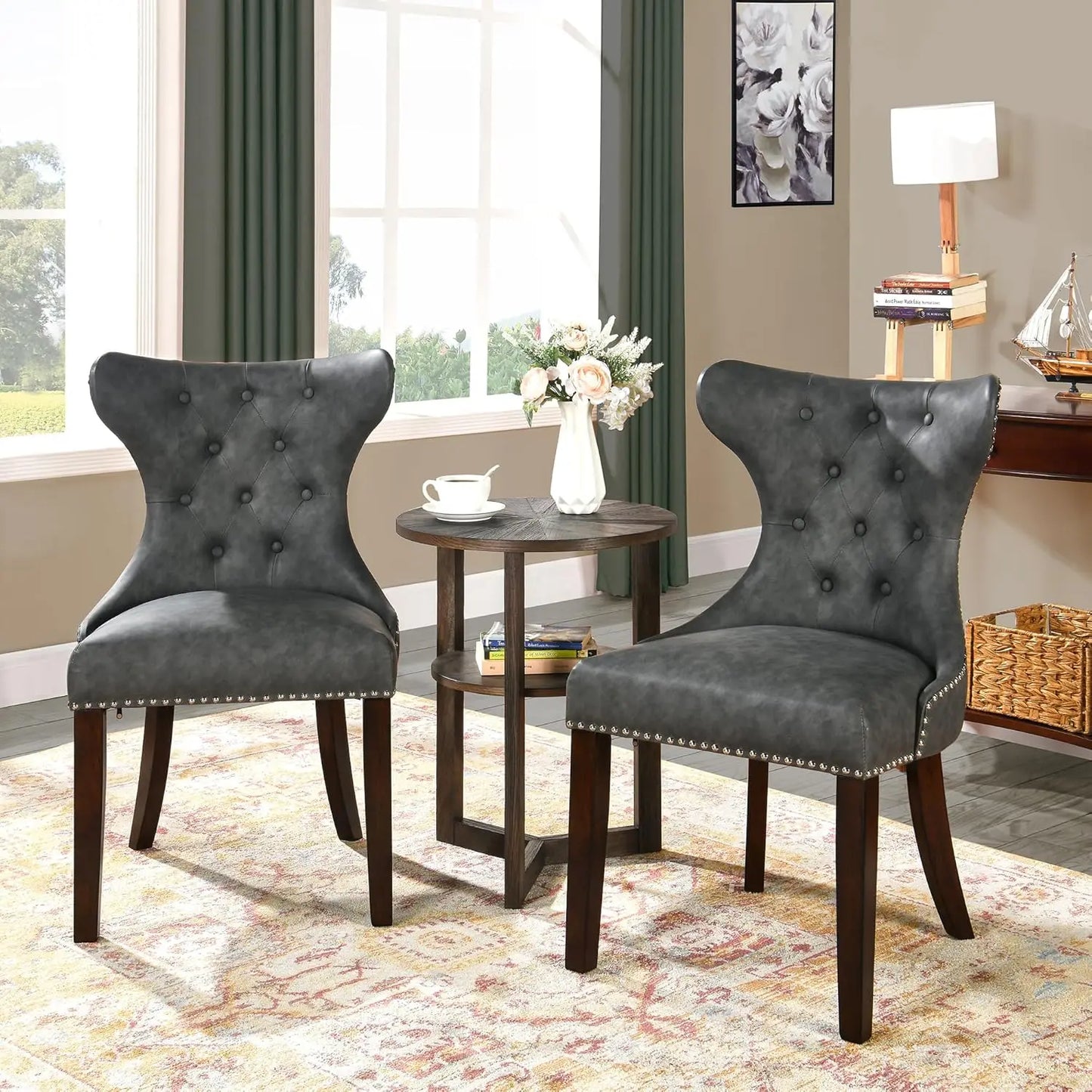 Upholstered Modern Dining Chairs Set of 2, High-end Button-Tufted Leather Dining Room Chairs with Nailhead Trim,, Customized