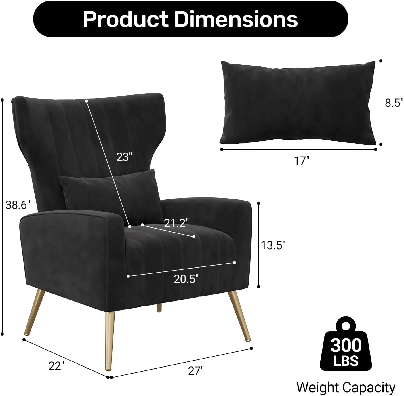 Black Velvet Accent Chair Set of 2, Wingback Chair for Living Room, High Back Arm Chair with Golden Legs Lumbar Pillow, Upholste