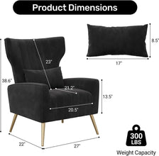 Black Velvet Accent Chair Set of 2, Wingback Chair for Living Room, High Back Arm Chair with Golden Legs Lumbar Pillow, Upholste