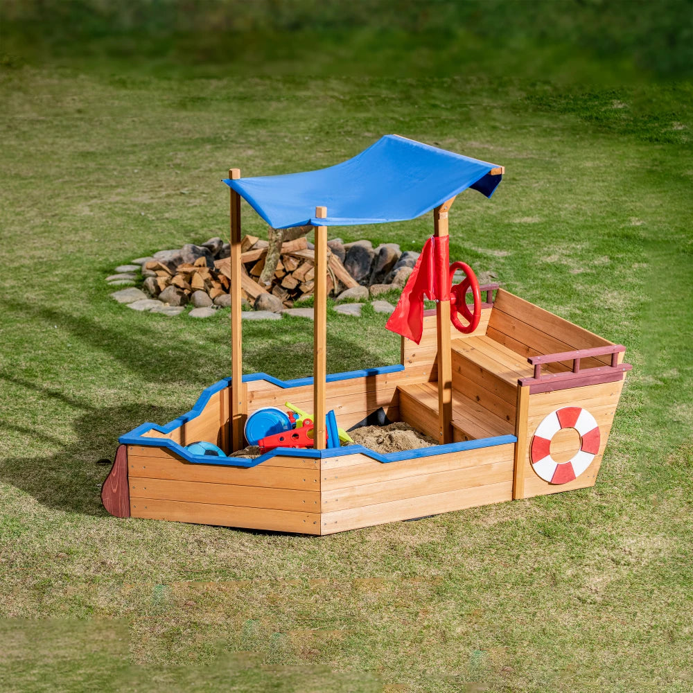 Outsunny Pirate Ship Sandbox With Cover Rudder Wooden Storage Bench