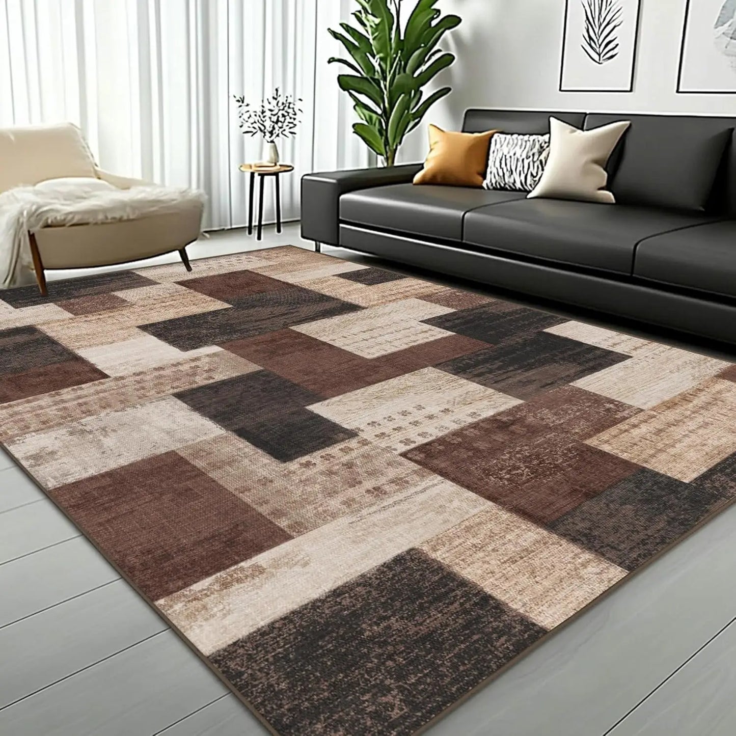 Modern Geometric Patchwork Brown Area Rug 5x7ft for Living Room Bedroom Office Entryway Hardwood Floors Decor