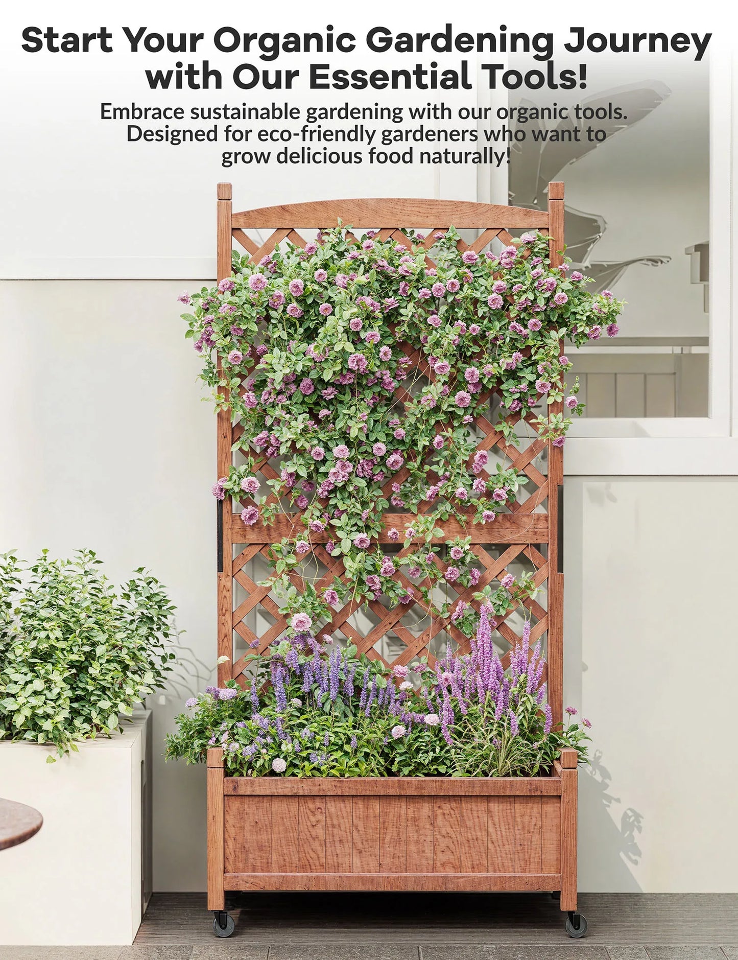 Twister.CK Wood Planter Box With Trellis On Wheels For Plants