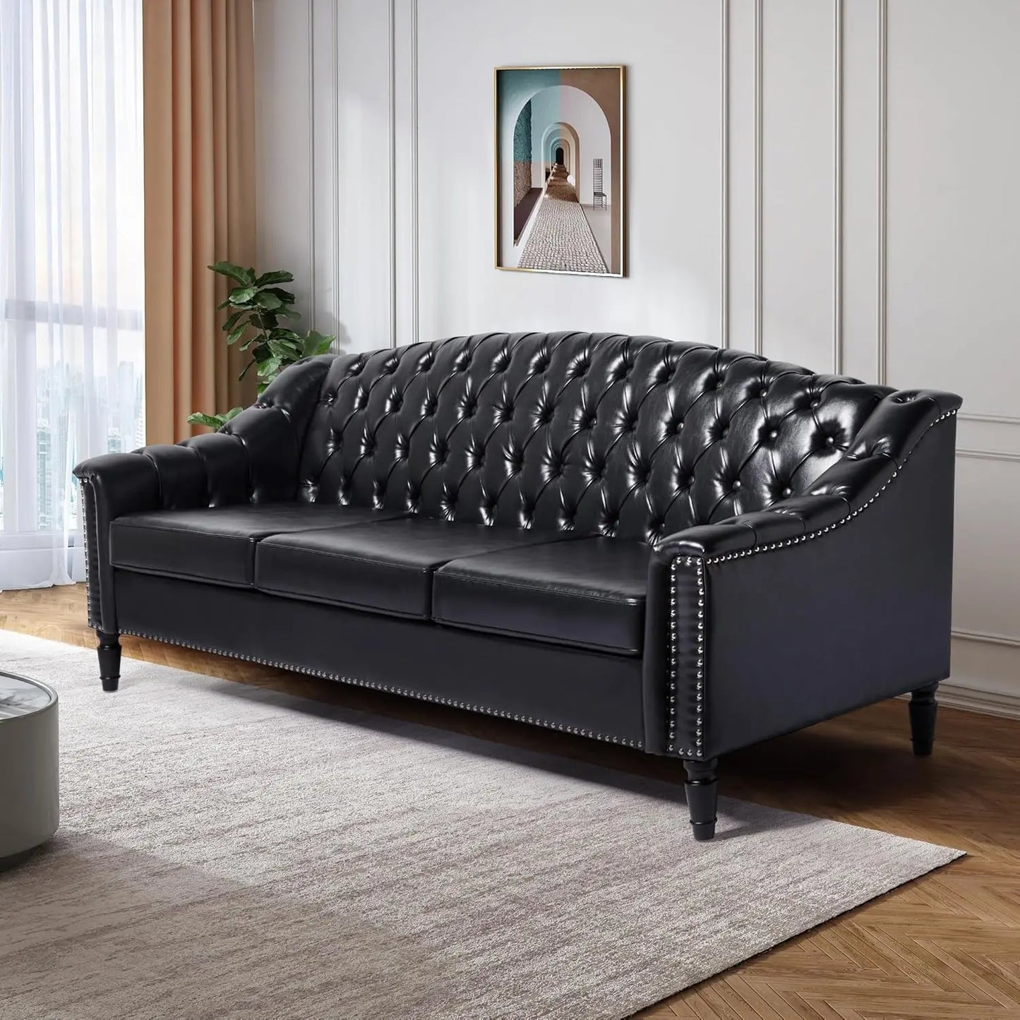 HUANZHUANG Mid Century Modern Leather Sofa Chesterfield Sleeper