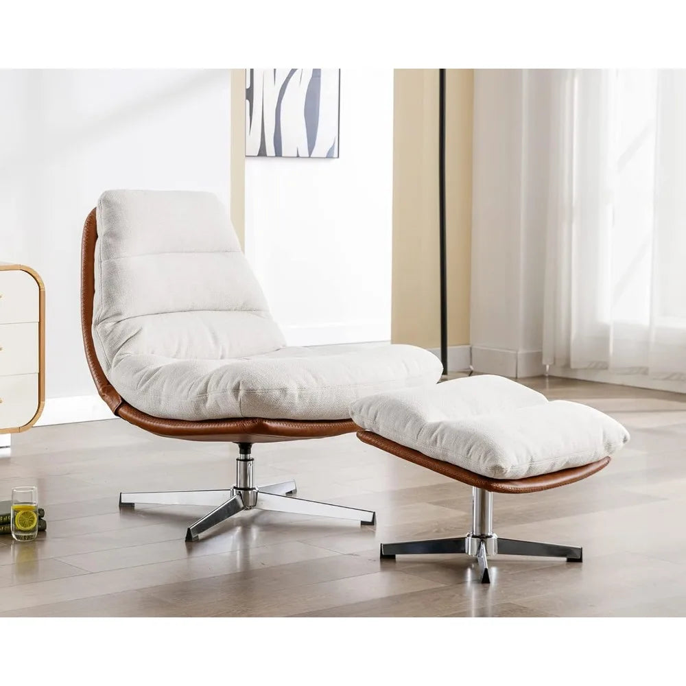 RBXC Modern Swivel Accent Chair With Ottoman Set Linen Upholstered