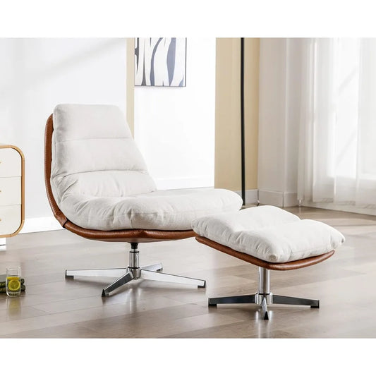 RBXC Modern Swivel Accent Chair With Ottoman Set Linen Upholstered