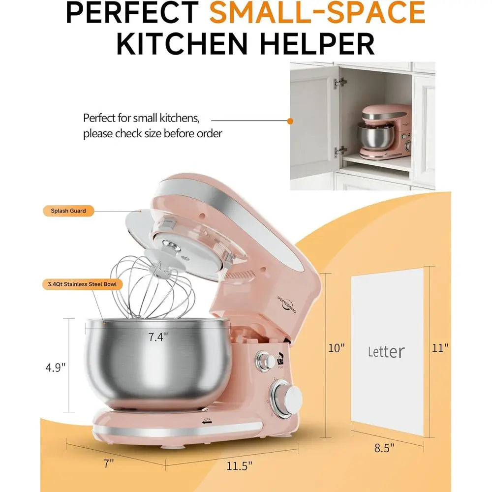3.4 Quart Electric Stand Mixer - 6 Speeds, Portable Kitchen Mixer with Egg Whisk, Dough Hook, Beater for Daily Use in Pink