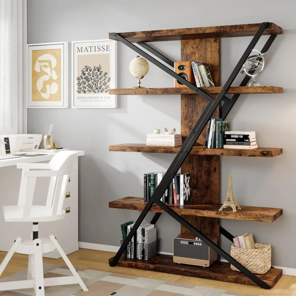 5 Tier Bookshelf, Display Bookshelf with 30mmThickened Board, 47.2 Inch Straight Wide Bookcase with Metal Frame and Woode